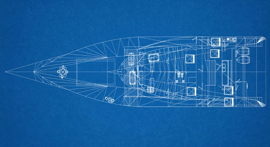 Introduction to Yacht Design | YATCO Blueprint showcasing the detailed layout and structural planning of a yacht during the design process.